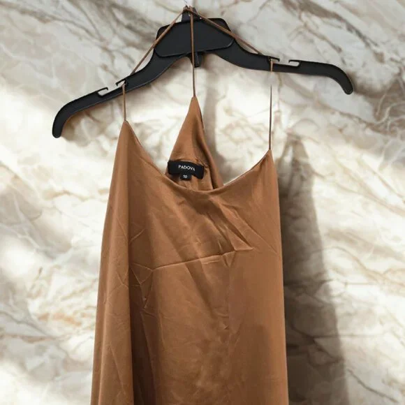 ✨ Padova Bronze Satin Ruffle-Hem Slip Dress – Elegant Midi Style - Picture 2 of 8